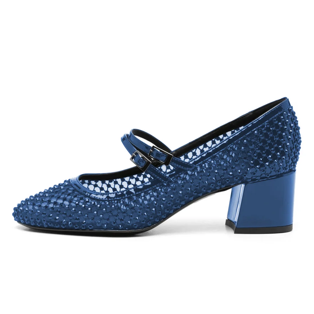 Mesh Buckle Fastening Metallic Finish Strap Mary Janes in Blue