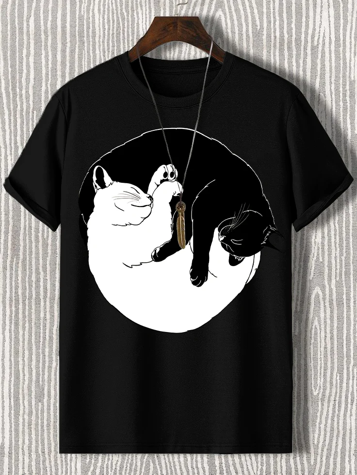 100% Cotton Men's Yin And Yang Contrast Color Cats Art Print  Casual T-Shirt
