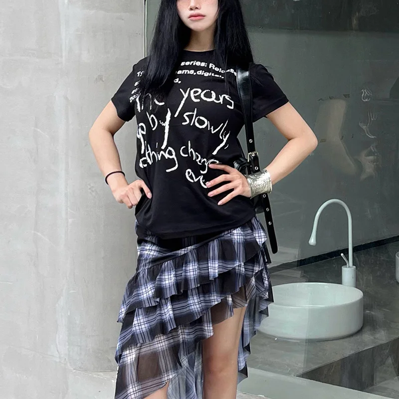 Toloer Toloer Summer 2024 Women's Fashion Letter Print T-Shirt Irregular Plaid Skirt-Outfit Ideas