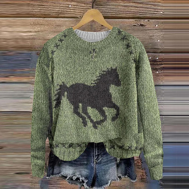 Comstylish Retro Southwestern Horse Pattern Knitted Women's Sweater