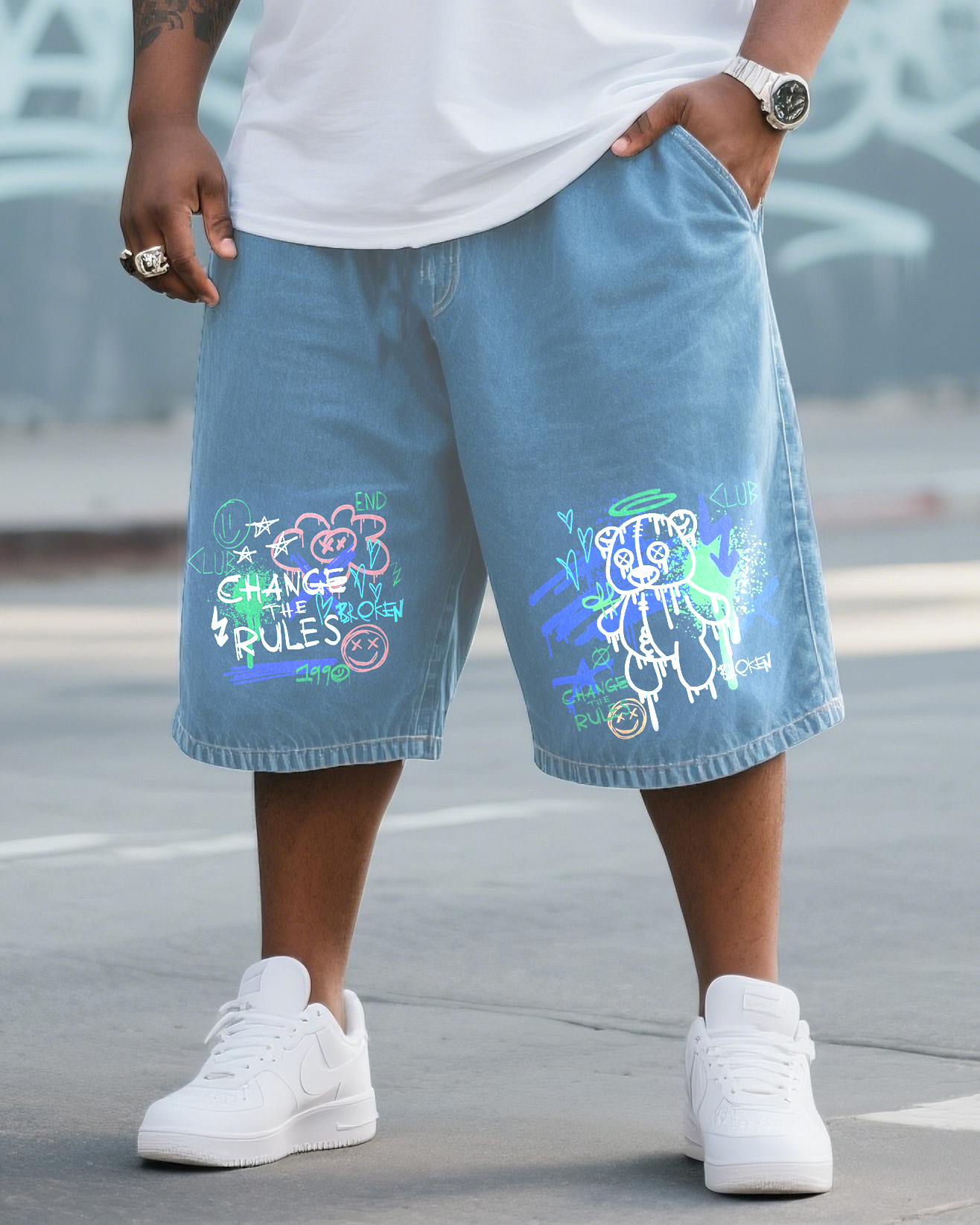Big & Tall Men's Street Fashion Original Design Graffiti Hot Stamping Denim Shorts