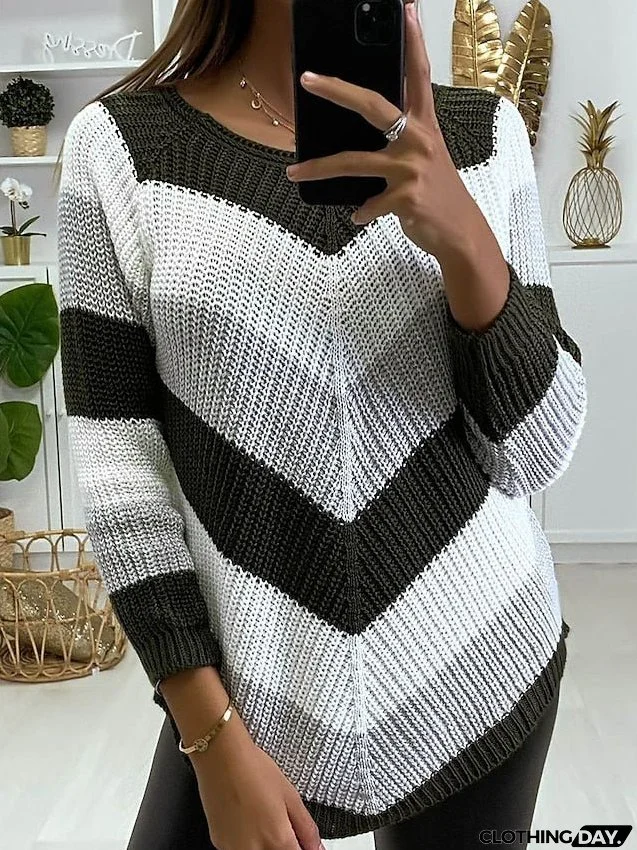 Women's Sweater Pullover Jumper Knitted Striped Color Block Stylish Basic Casual Long Sleeve Loose Sweater Cardigans Crew Neck Fall Winter Spring Wine Red Powder gray Yellow / Holiday / Going out