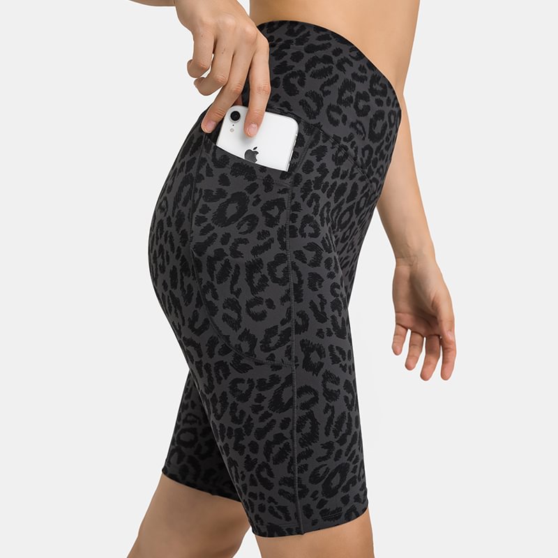 Hergymclothing Leopard high waist no t line crossover front training yoga shorts with phone pockets online shopping