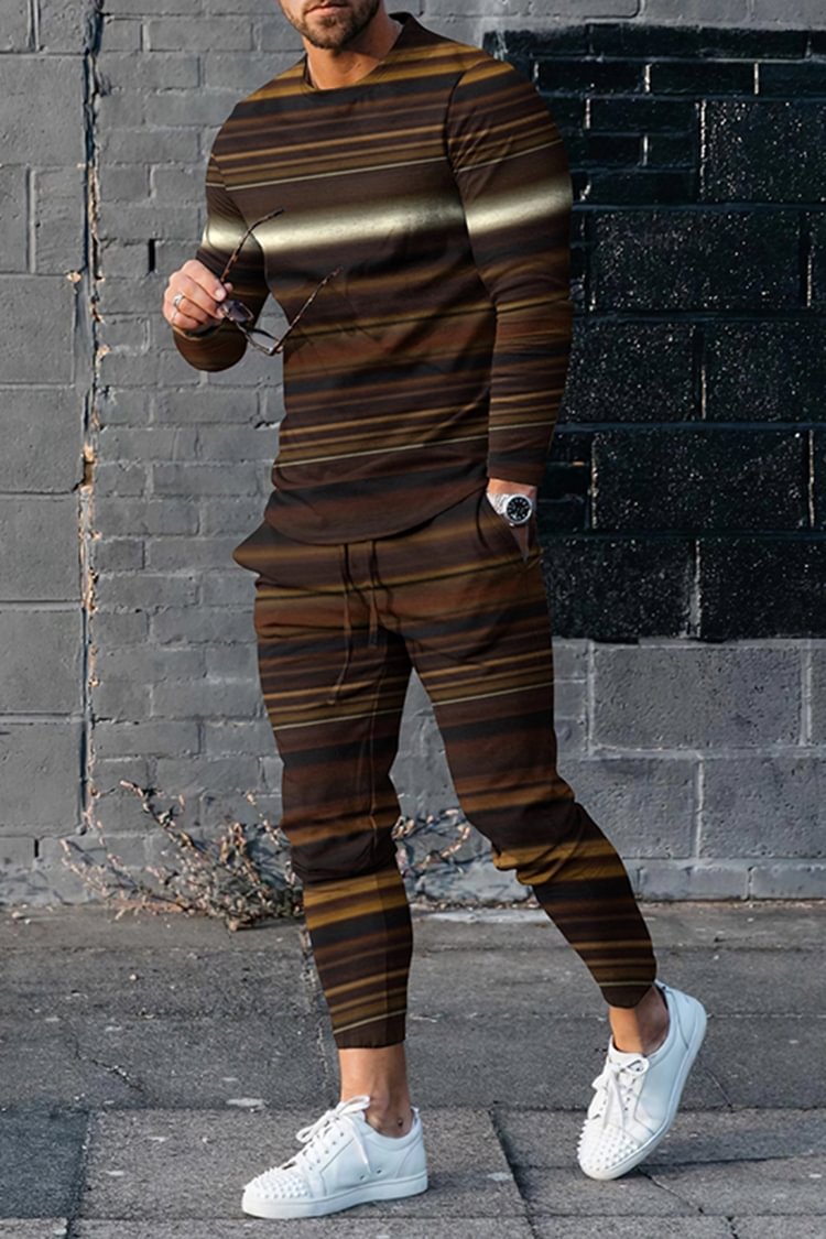 Tiboyz Men's Striped Long Sleeve T-Shirt And Pants Two-Piece Set
