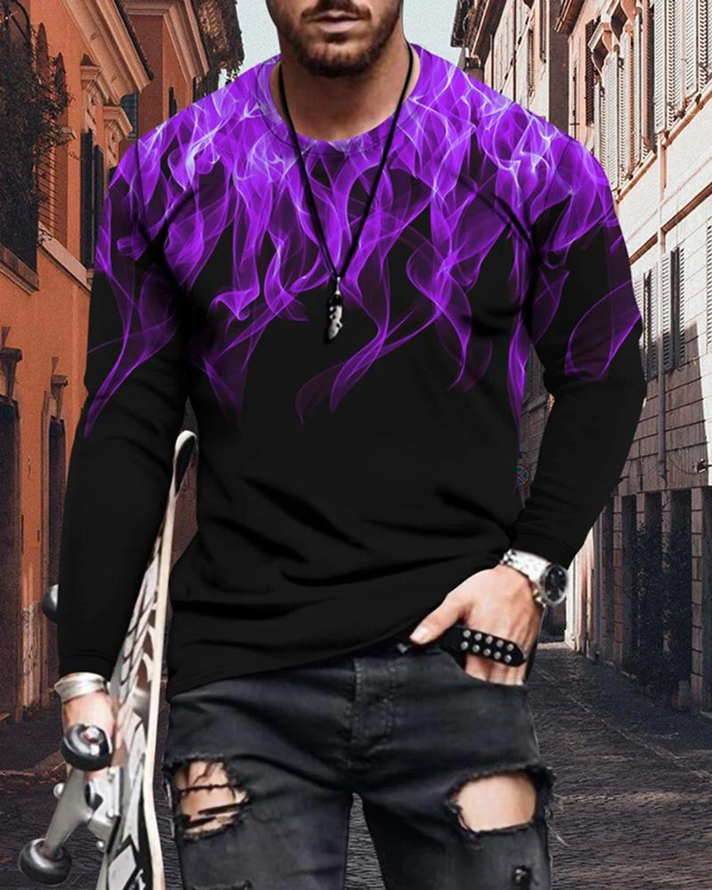 men's blue flame printing long-sleeved T-shirt