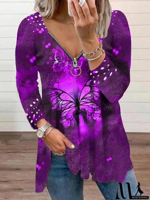 Women's T-Shirts V-Neck Zipper Pullover Pearl Print T-Shirt