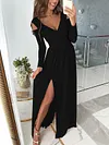 Fashion Solid Color Pleated Split-Side Long Sleeves V-Neck Maxi Dress