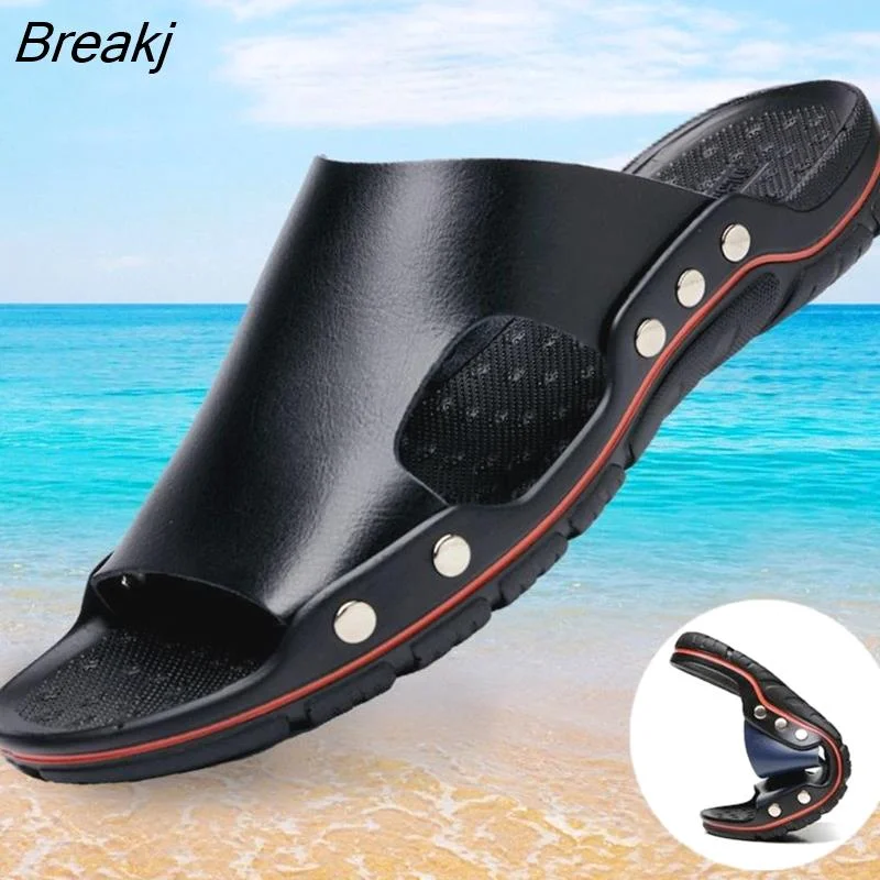 Breakj Men's Leather Sandals  Summer Quality Beach Slippers Casual Shoes Flat Bottomed Outdoor Beach Shoes Large Size