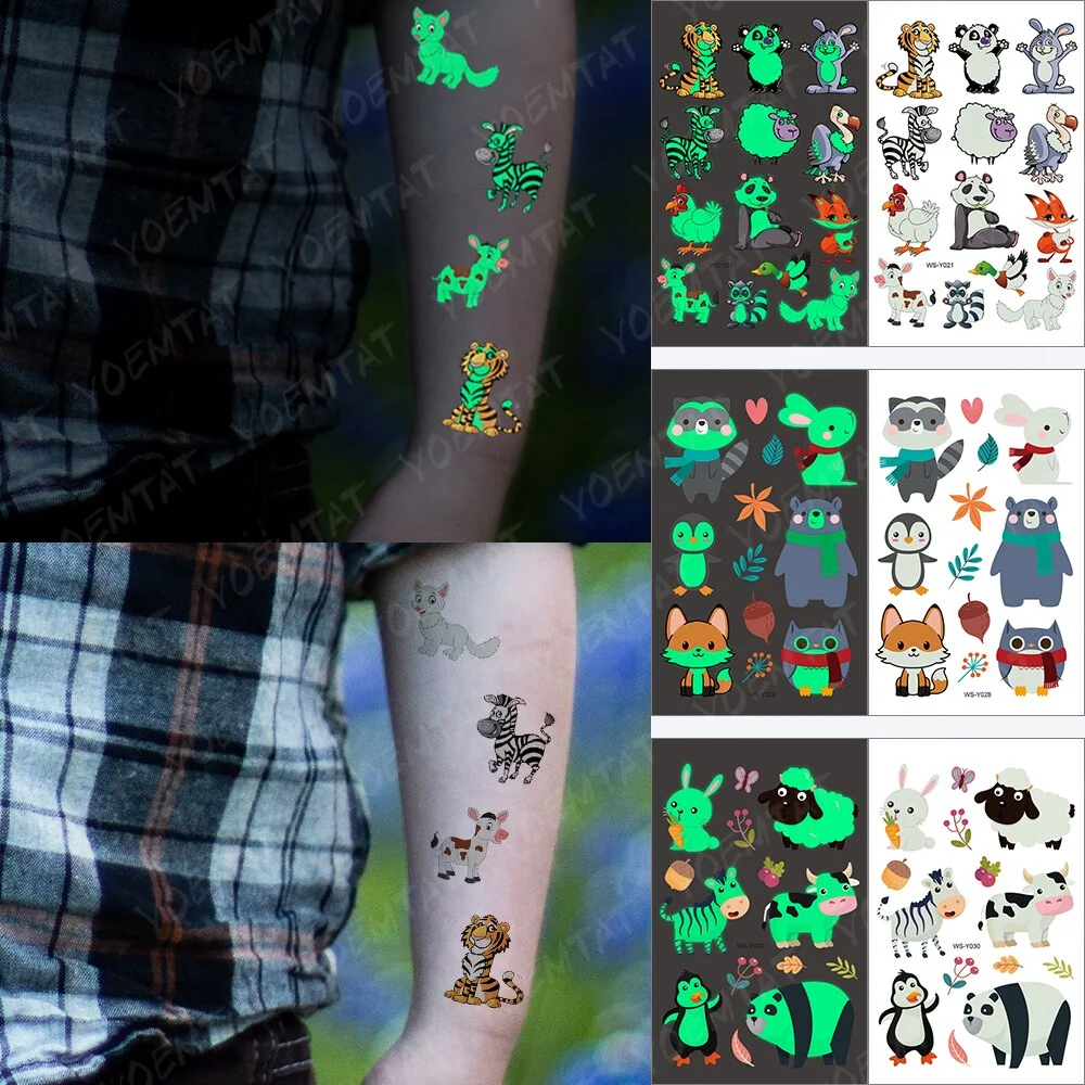 Sdrawing Temporary Tattoo Sticker Glowing Panda Fox Tiger Cute Animal Luminous Children Tatoo Kid Body Arm Glitter Fake Tatto