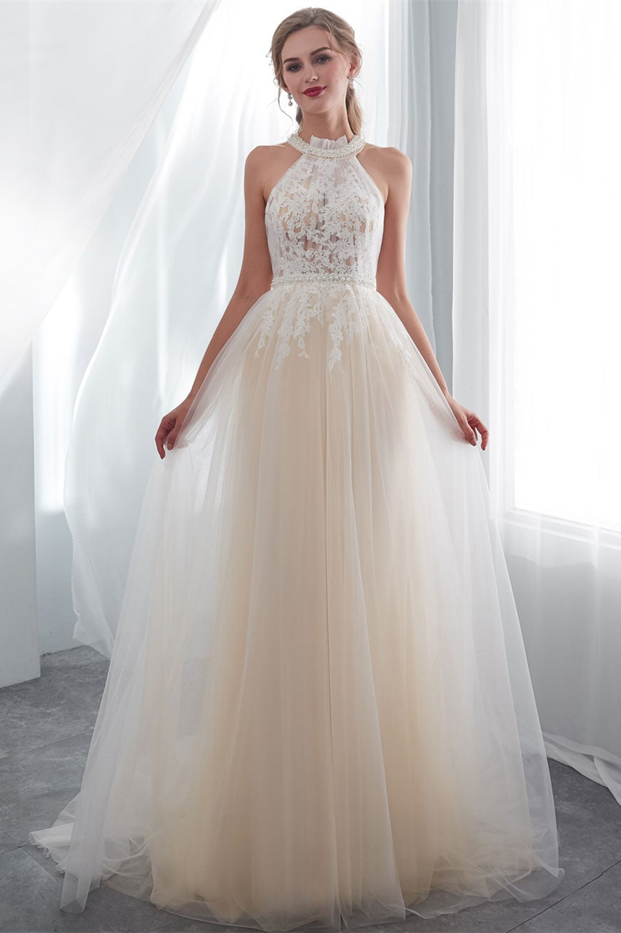 High Neck Tulle Wedding Dress With Appliques PD0348
