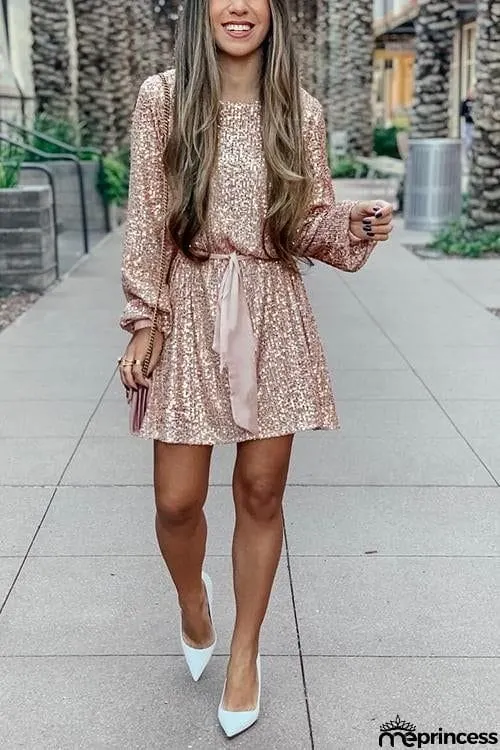 Sequin Belted Long Sleeve Mini Dress