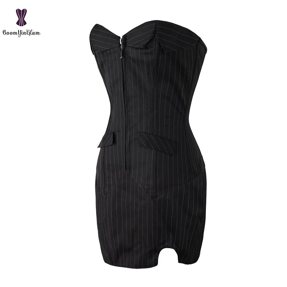 3 Pcs Set Front Zipper Sexy Pinstripe Corset Basque Top With Mini Skirt Secretary Fancy Dress Costume For Party 801#