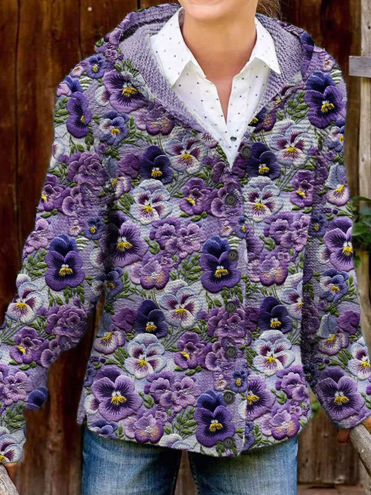 VChics Pansy Floral Embroidery Pattern Cozy Hooded Cardigan