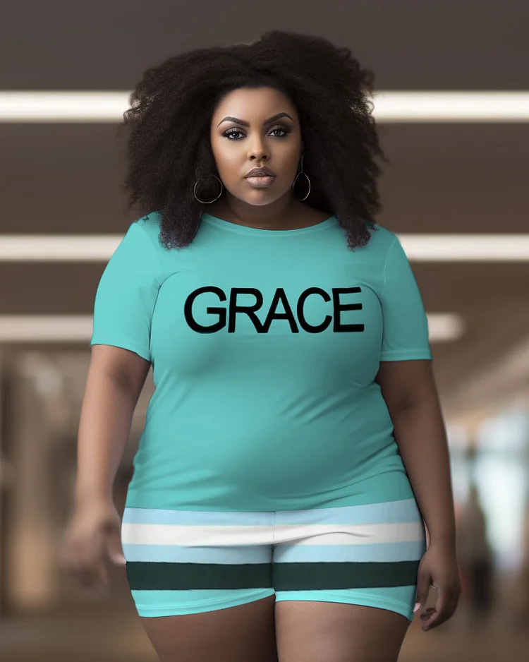 Women's Large Size Retro Casual Grace Stripe Graffiti Short Sleeve Shorts Suit