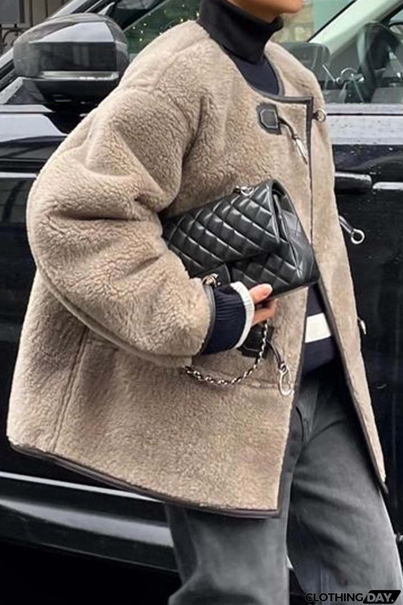 U Neck Metal Button Plush Jacket