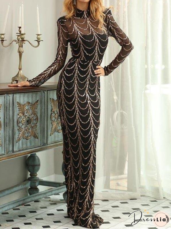 Mock-neck Sequin Mesh Prom Dress