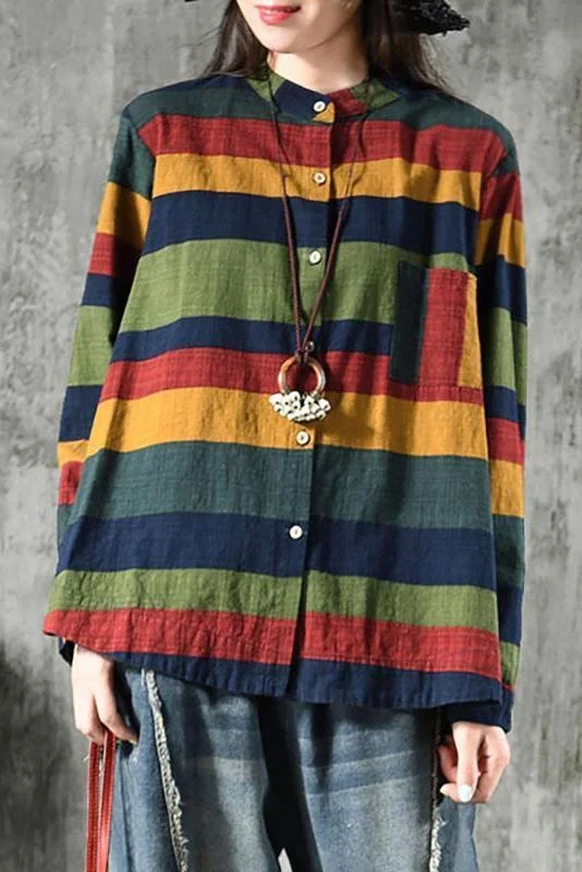 Plus Size - Vintage Striped Long Sleeve 100%Cotton Shirt