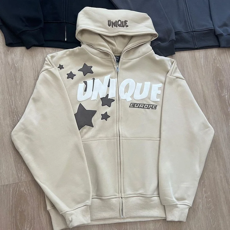 Street Foam Printed Star Hip Hop Zipper Hooded Sweatshirt at Hiphopee