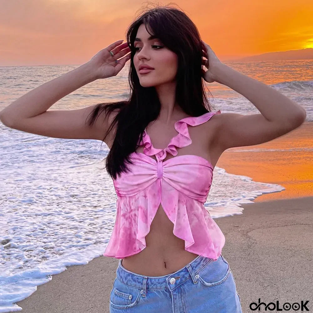 Summer Women's Ruffles Fashion Tie-Dye Sexy Slim Camisole Vest