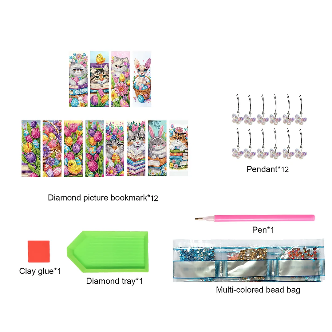 12Pcs Easter Cats DIY Diamond Art Painting Bookmark for Reading Enthusiasts