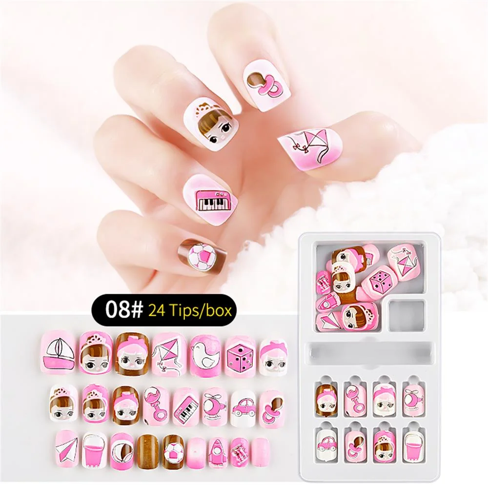 24Pcs/Set Press on Children Candy False Nail Tips Cartoon Full Cover Kid Pink Fake Nail Art for Little Girls Manicure Tool-Nail Inspo