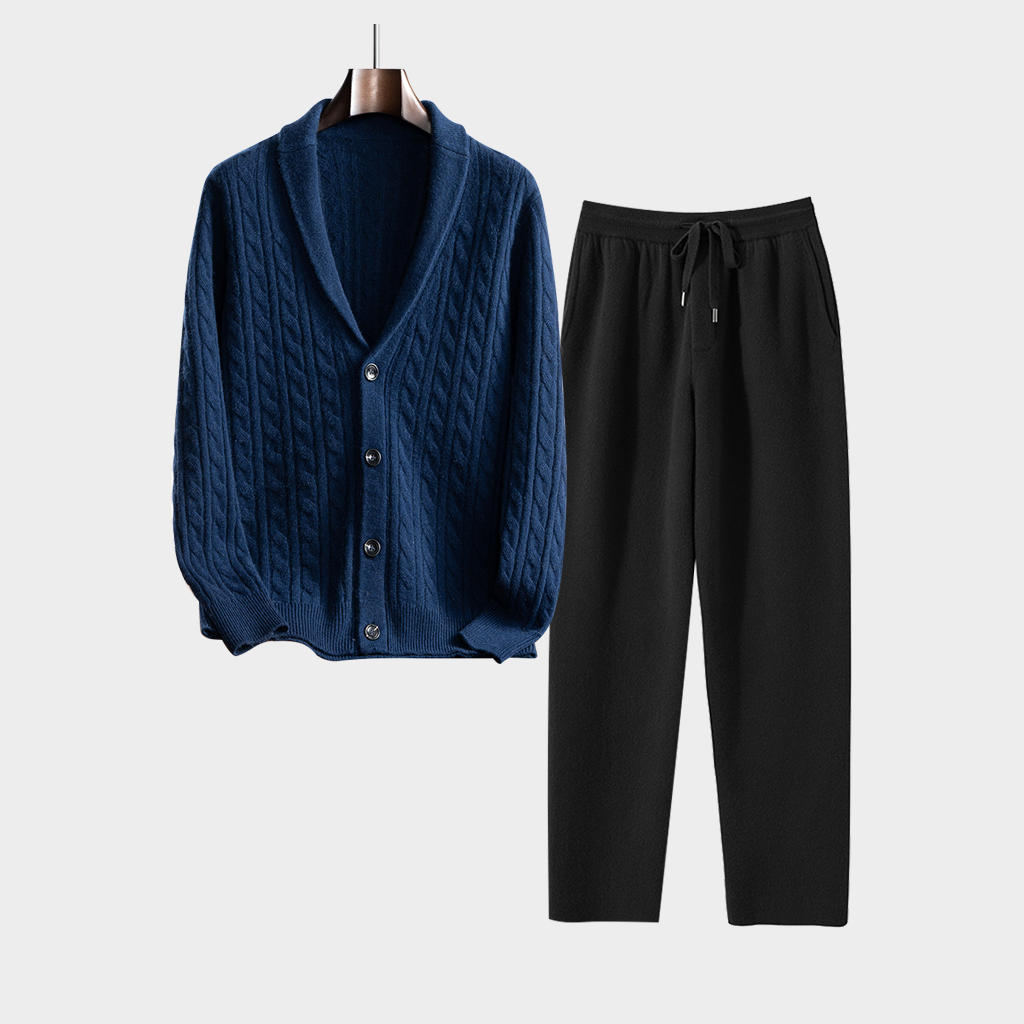 Men's Button-up Shawl Collar Cashmere Cardigan and Pants Set | Casual Outfit REAL SILK LIFE