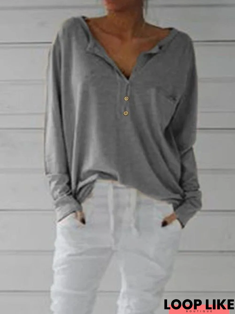 Cotton-Blend Long Sleeve Casual V Neck Top