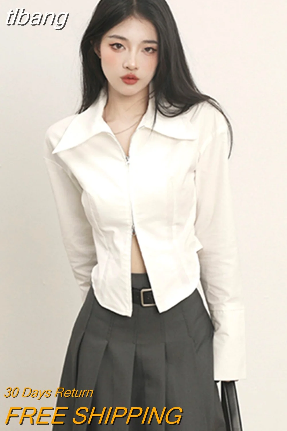 tlbang Crop Long-sleeve Shirts Women Simple Elegant Office Lady Y2k Chic Zipper Korean Style Trendy Streetwear Inside All-match