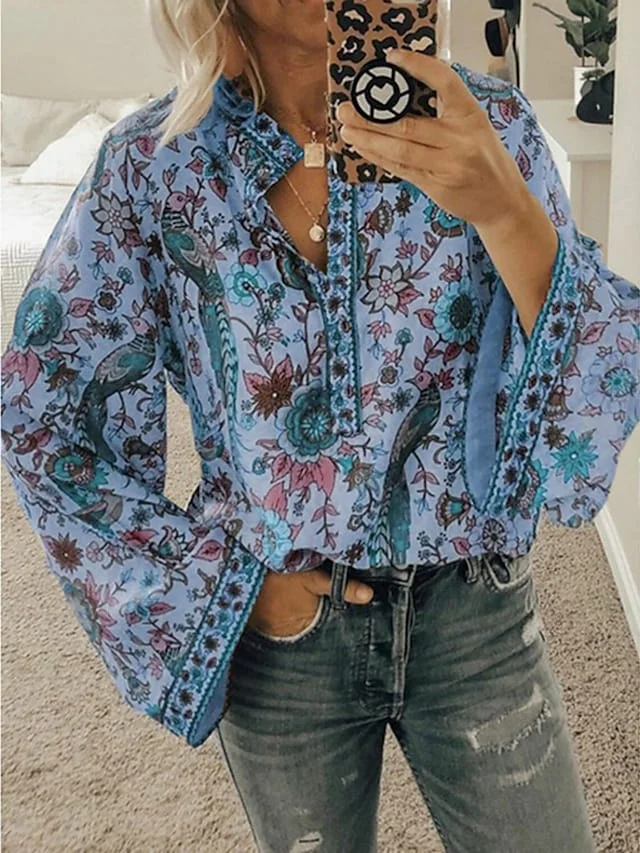 Women's Boho Blouse Floral Print Round Neck Wide Sleeve Vintage Tops