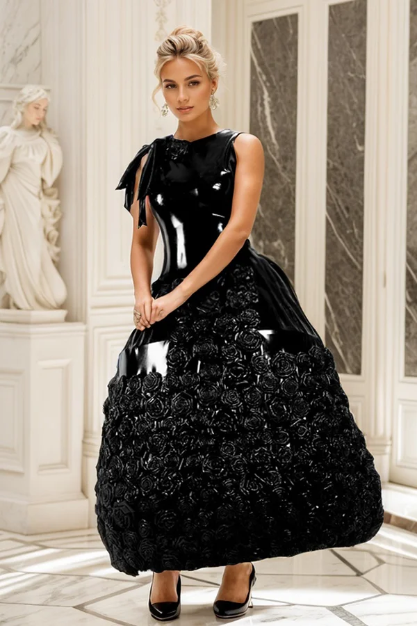 Women Latex Dress Black Rose Ball Gown