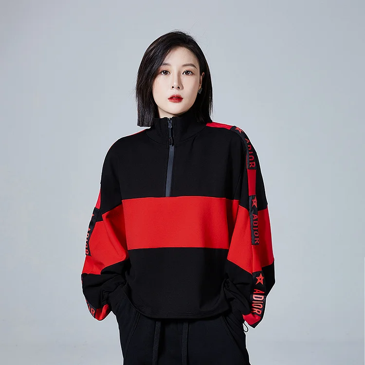 Personalized Red and Black Colorblocked Bat Sleeve Sweatshirt - yankia