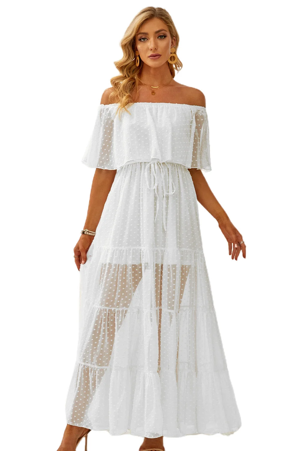 Women White Off Shoulder Ruffle Swiss Dot Maxi Dress