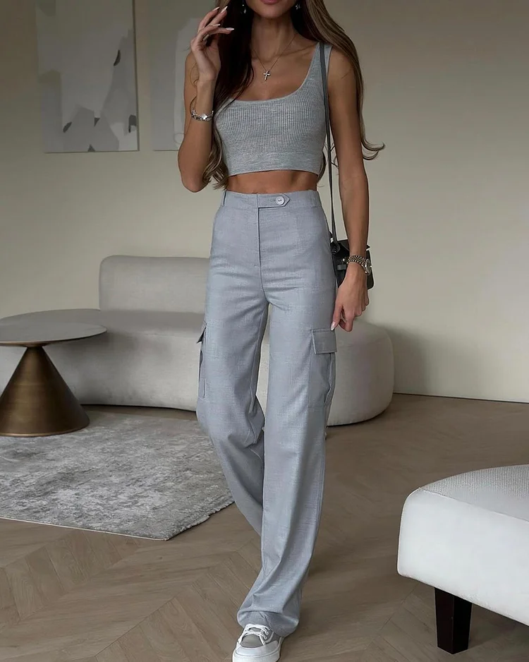 Sleeveless casual solid color two-piece set