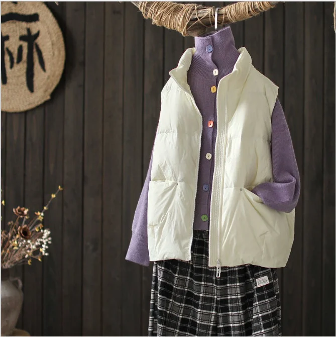Toloer Down Jacket Vest Jacket Female 2024 Spring And Autumn New Korean Version Of White Duck Velvet Loose Horse Clip Vest Stand Collar Bread Suit-Outfit Ideas