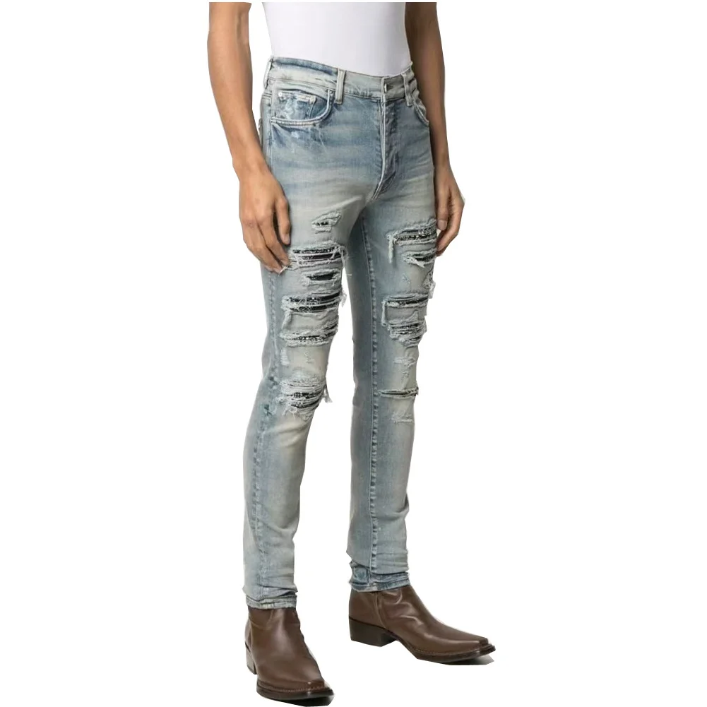 Men's Flower Pleated Ripped Elastic Tight High Stree Skinny Jeans