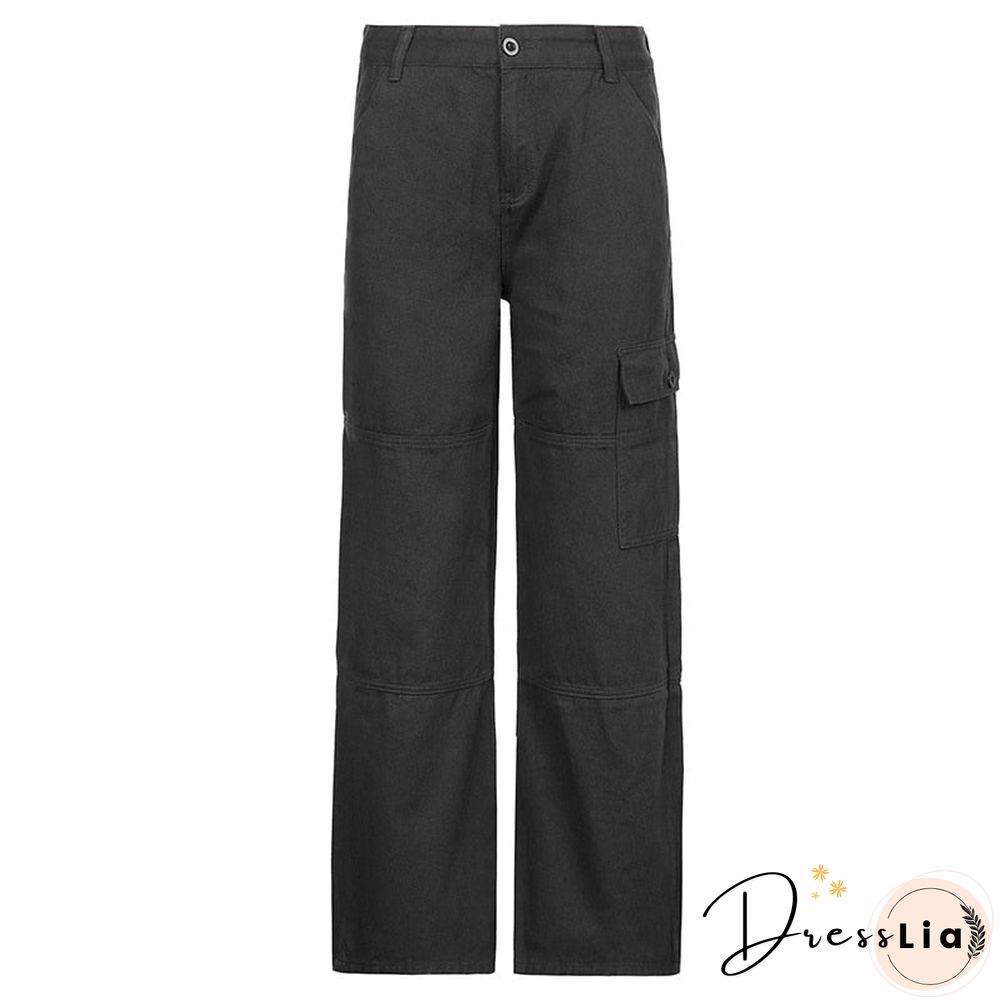 Womens Jeans Cargo Pocket Patchwork High Waist Wide Leg Denim Pants Casual Streetwear