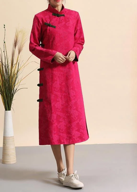 French Rose Clothes Women Stand Collar Chinese Button Kaftan Spring Dresses