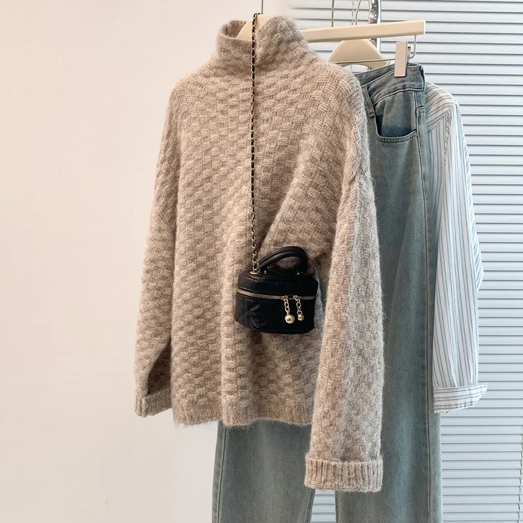 Athvotar Athvotar Women's Cotton Cashmere Lattice Half-High-Collar Sweater Korean Version Of The Student's Dress Dress Nice Hair Knitted Shirt