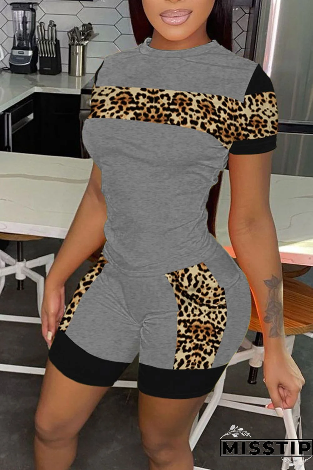 Grey Casual Print Patchwork O Neck Short Sleeve Two Pieces