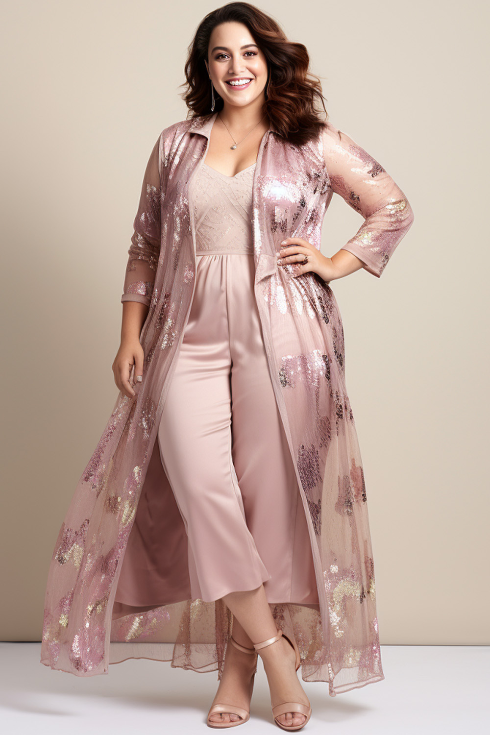 Flycurvy Plus Size Mother Of The Bride Light Pink Sequin Two Pieces Jumpsuit With Jacket 2024 - Flycurvy 