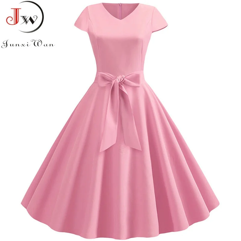 Yellow Solid Color Summer Dress Vintage Women Swing Rockabilly Dresses Robe Femme Elegant  Casual Party Midi Vestidos