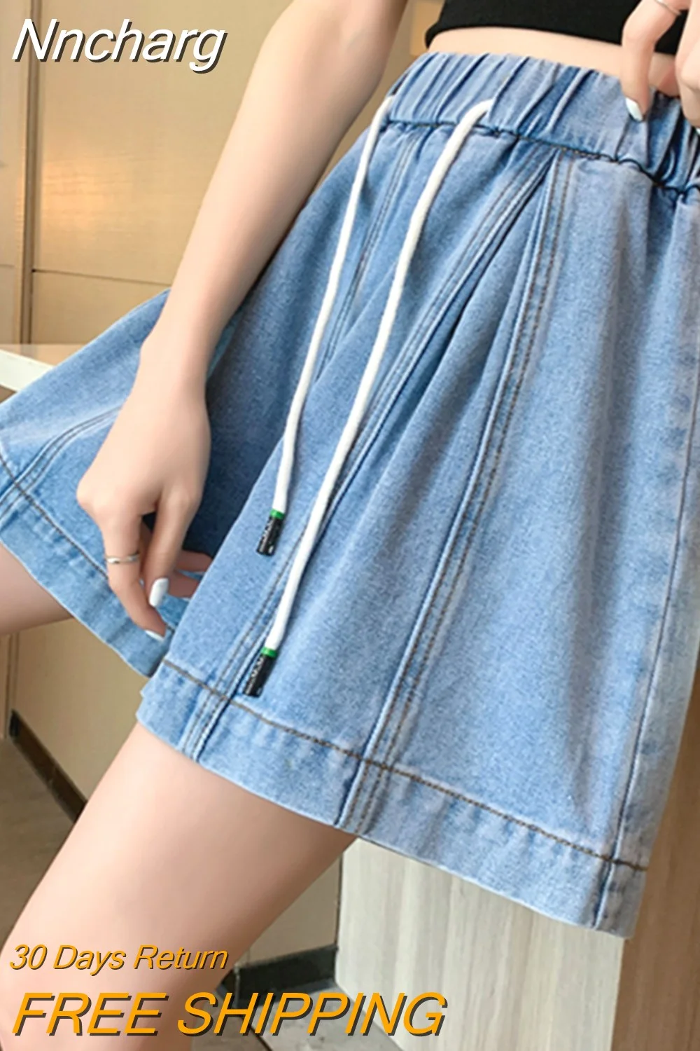 Nncharge New Summer Elastic High Waist Denim Shorts Women Casual Lace-up Wide Leg Jean Shorts Lady Fashion Solid Color Shorts