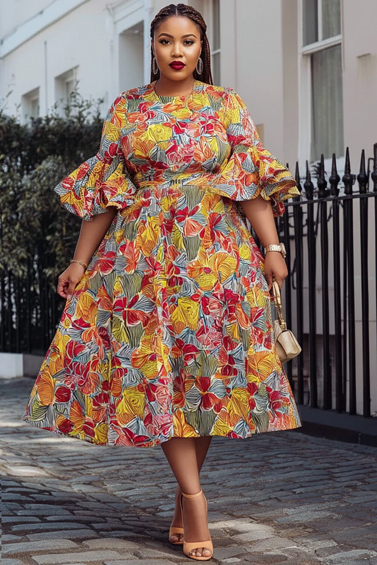 Xpluswear Design Plus Size Daily Multicolor African Print Round Neck Flare Short Sleeve Pocket Ruffle Midi Dresses [Pre-Order] 2024 - Xpluswear