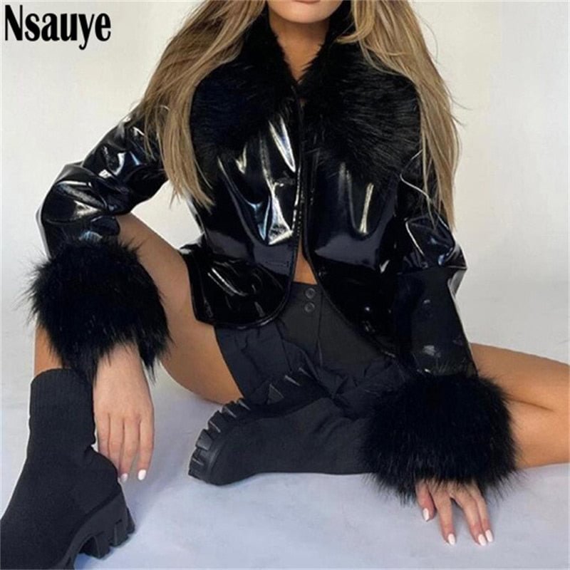Nsauye 2021 Winter Women Turn Down Collar Leather Jackets Coat Outwear Vintage Faux Fur Long Sleeve Y2K Casual Short Jacket Tops