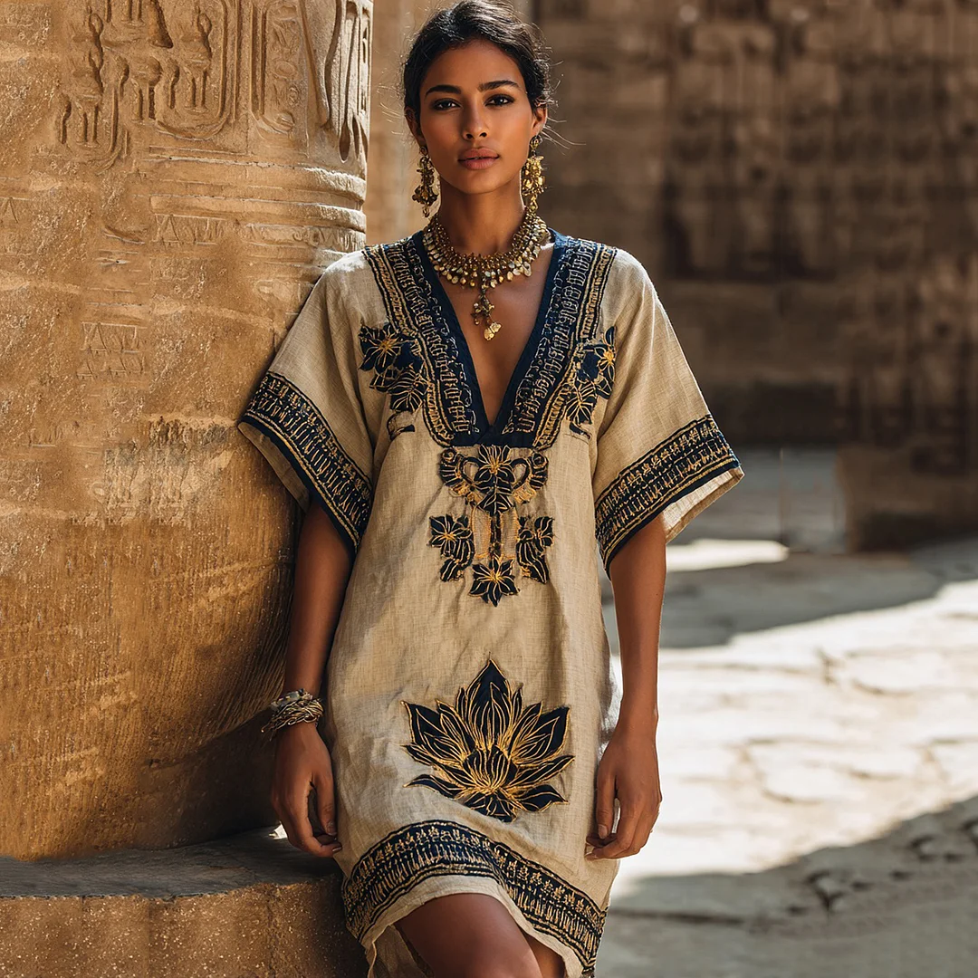 Women's Egyptian Ethnic Lotus Art Casual V Neck Linen Dress