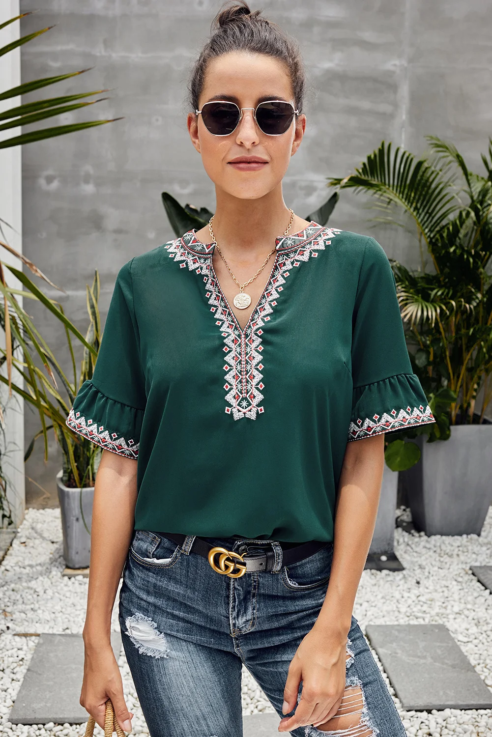 Green Boho Floral V Neck Casual Top | IFYHOME