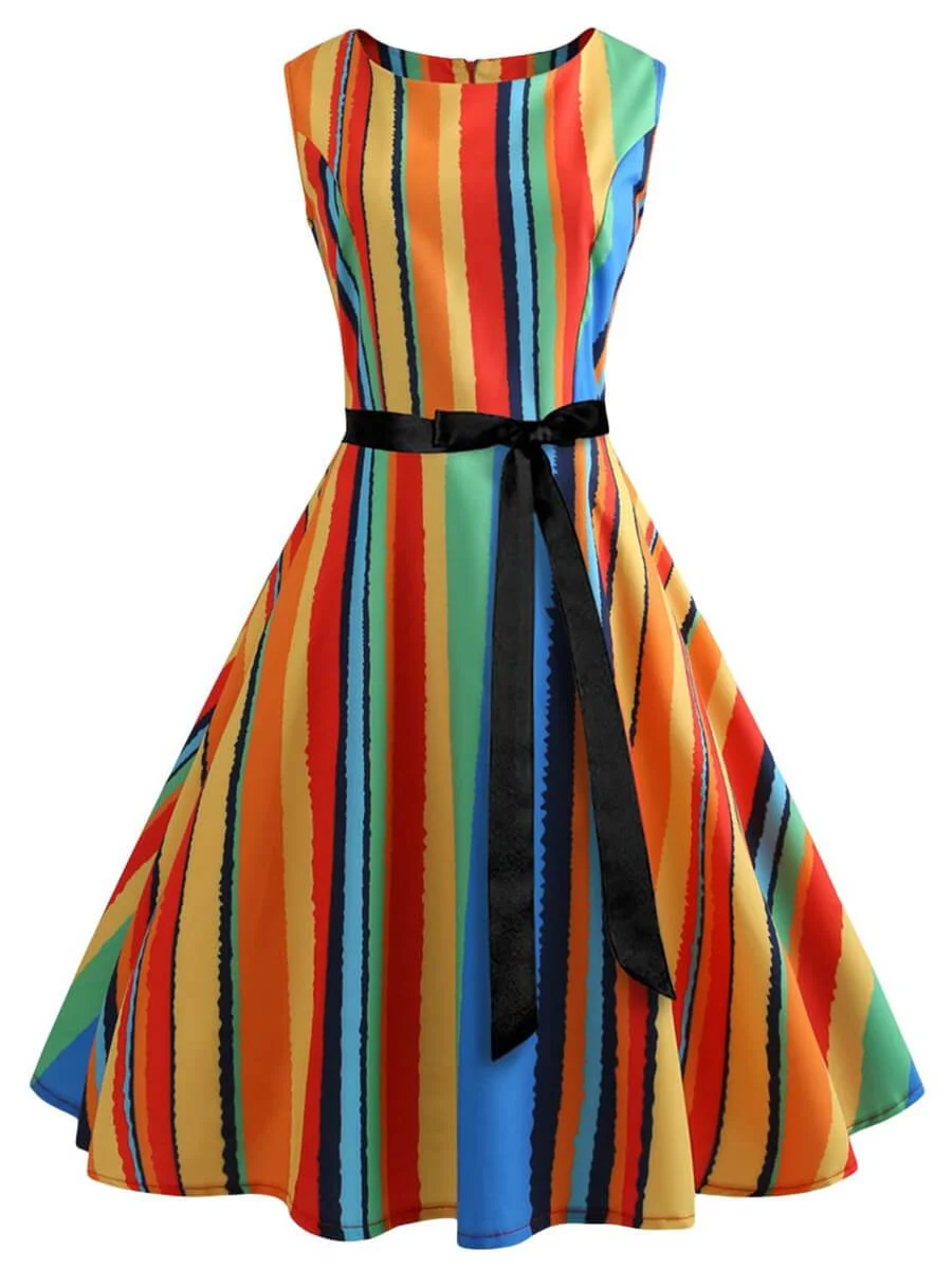 Retro Dress A-Line O-Neck Sleeveless Multicolor Audrey Hepburn Dress