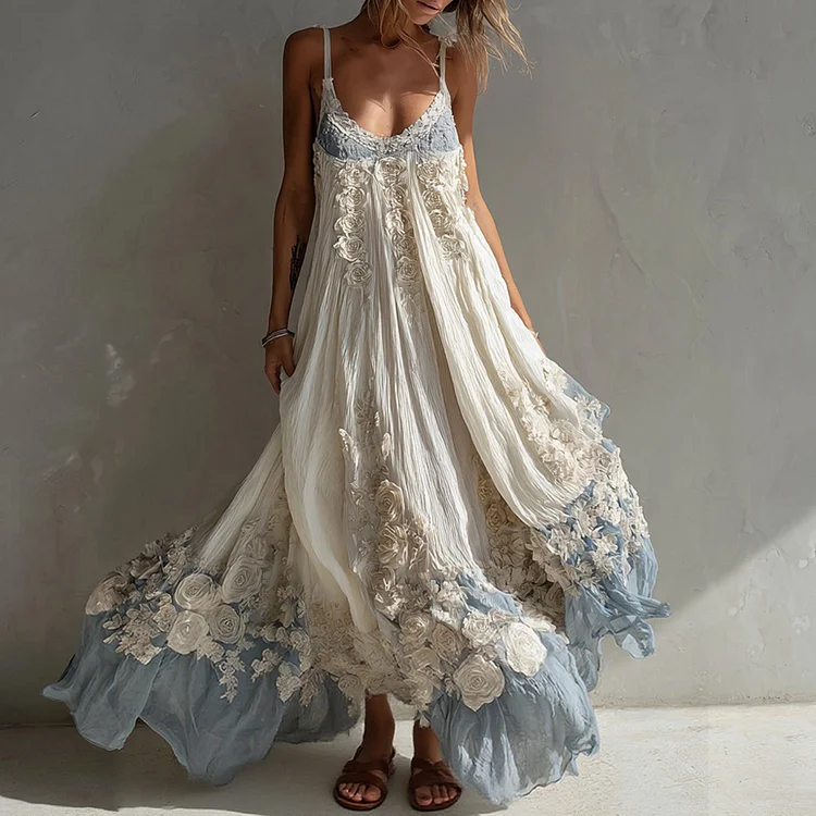 Women's White Rose Embroidered Gradient Casual Sleeveless Dress