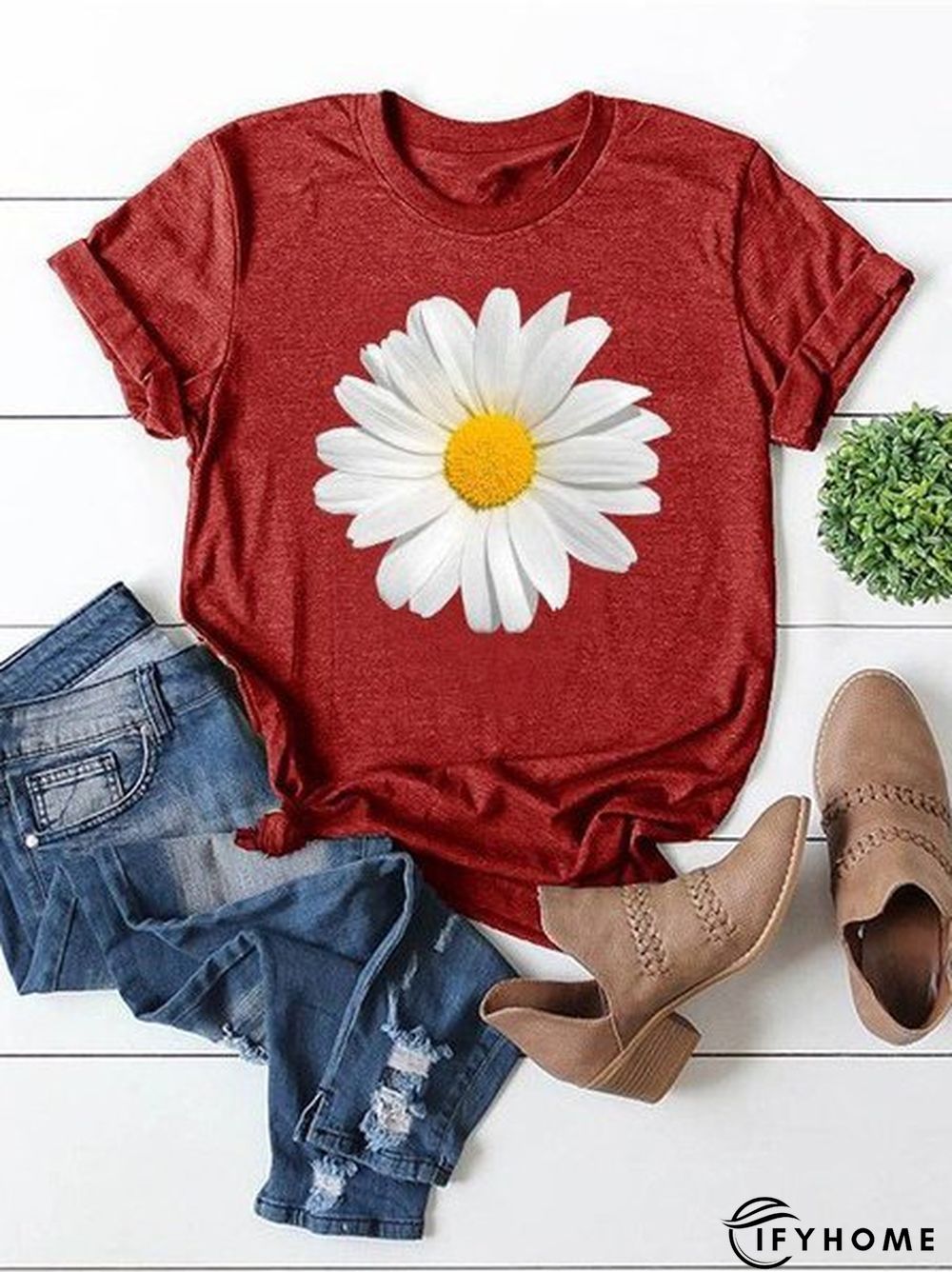 Short Sleeve Crew Neck Floral-print Casual T-shirt | IFYHOME