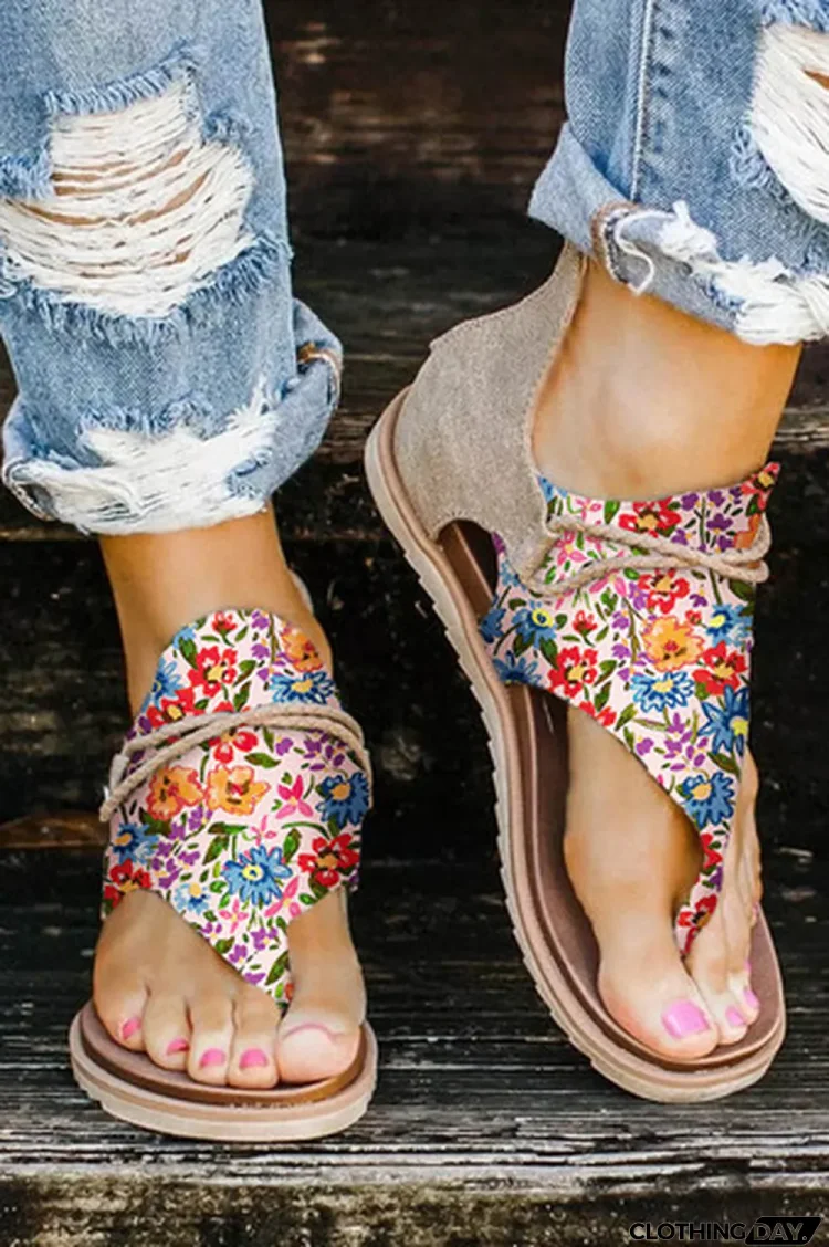 Multicolor Floral Print Zipped Flip Flop Sandals